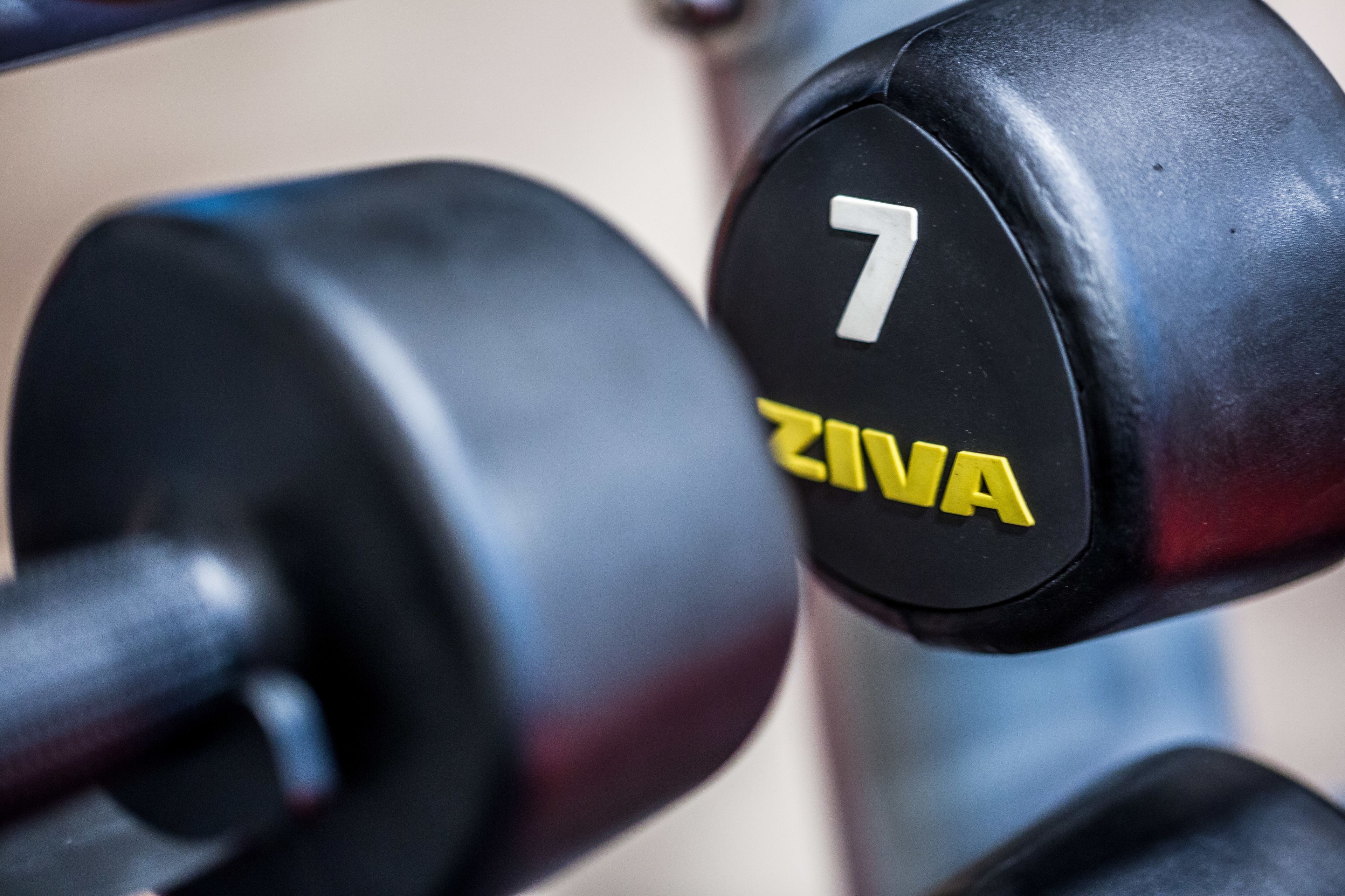 Een close-up van een halter met het cijfer 7 en het merk ZIVA.