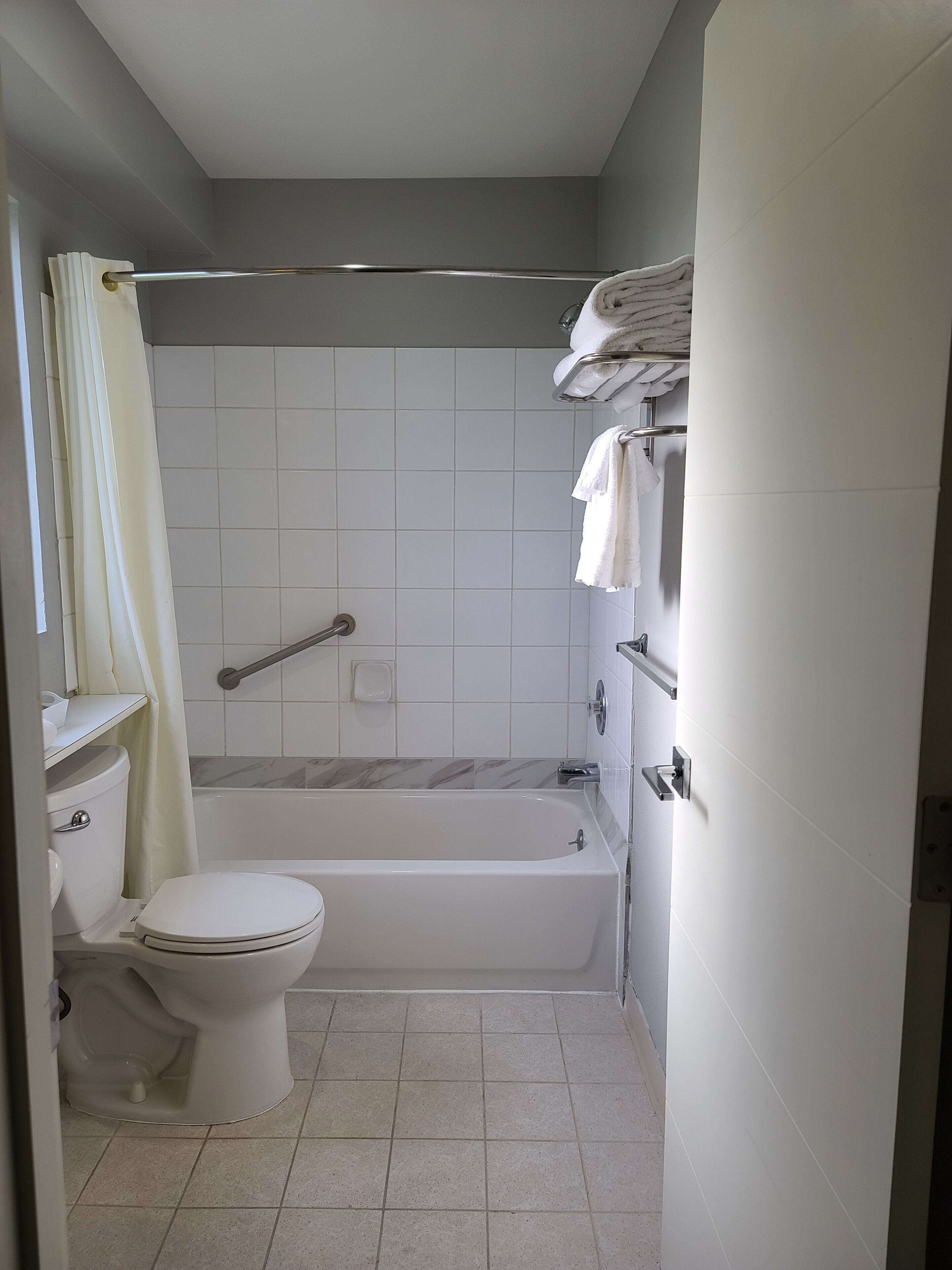A bathroom with a toilet, bathtub, and a shower area.
