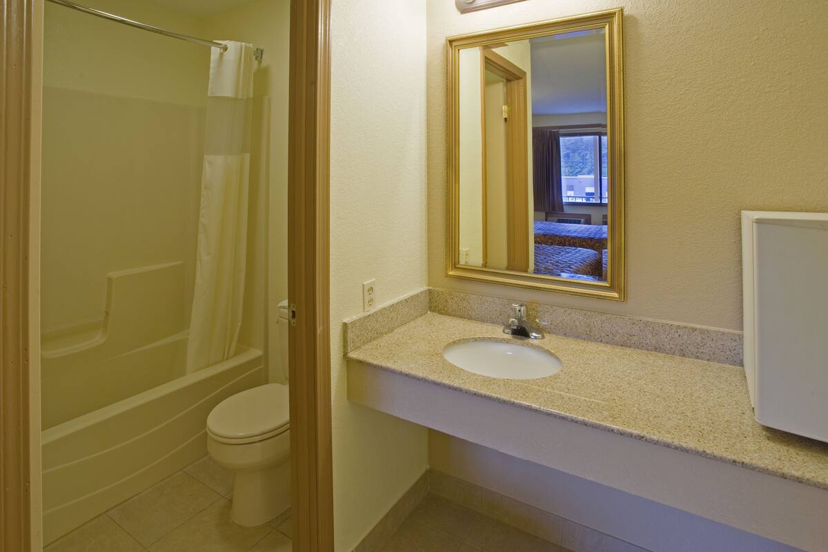 A bathroom with a shower, toilet, sink, and a mirror.