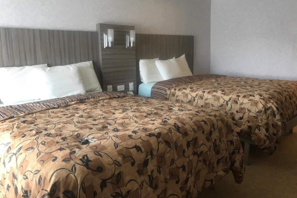 A hotel room with two beds, each with a patterned bedspread and white pillows.