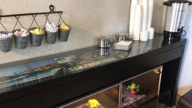 A reception desk with a glass display case containing potted plants, a coffee station with a coffee maker, and a wall-mounted trash can. - Castle Inn (San Francisco)