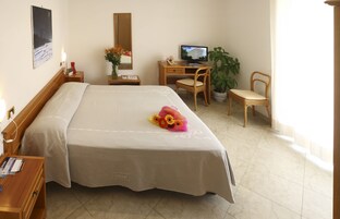 A hotel room with a bed, a desk with a computer, a chair, a nightstand, a lamp, a mirror, and a potted plant.