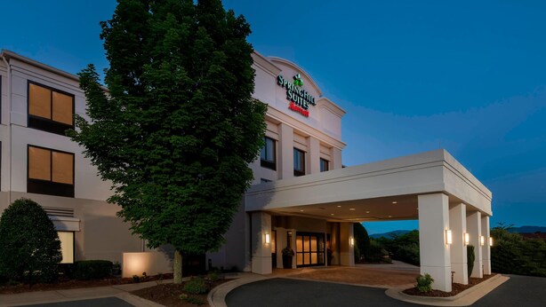 Un hotel con fachada moderna, un acceso cubierto y un gran árbol en frente.