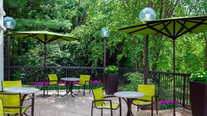 Un patio al aire libre con mesas y sillas redondas, rodeado de follaje y una valla negra.