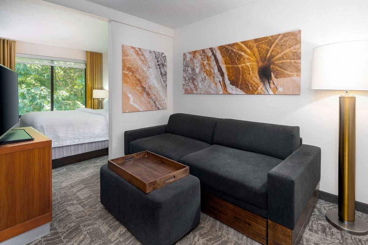 Una habitación de hotel moderna con un sofá gris, una mesita de madera, una cama con ropa de cama blanca y dos cuadros abstractos en la pared.