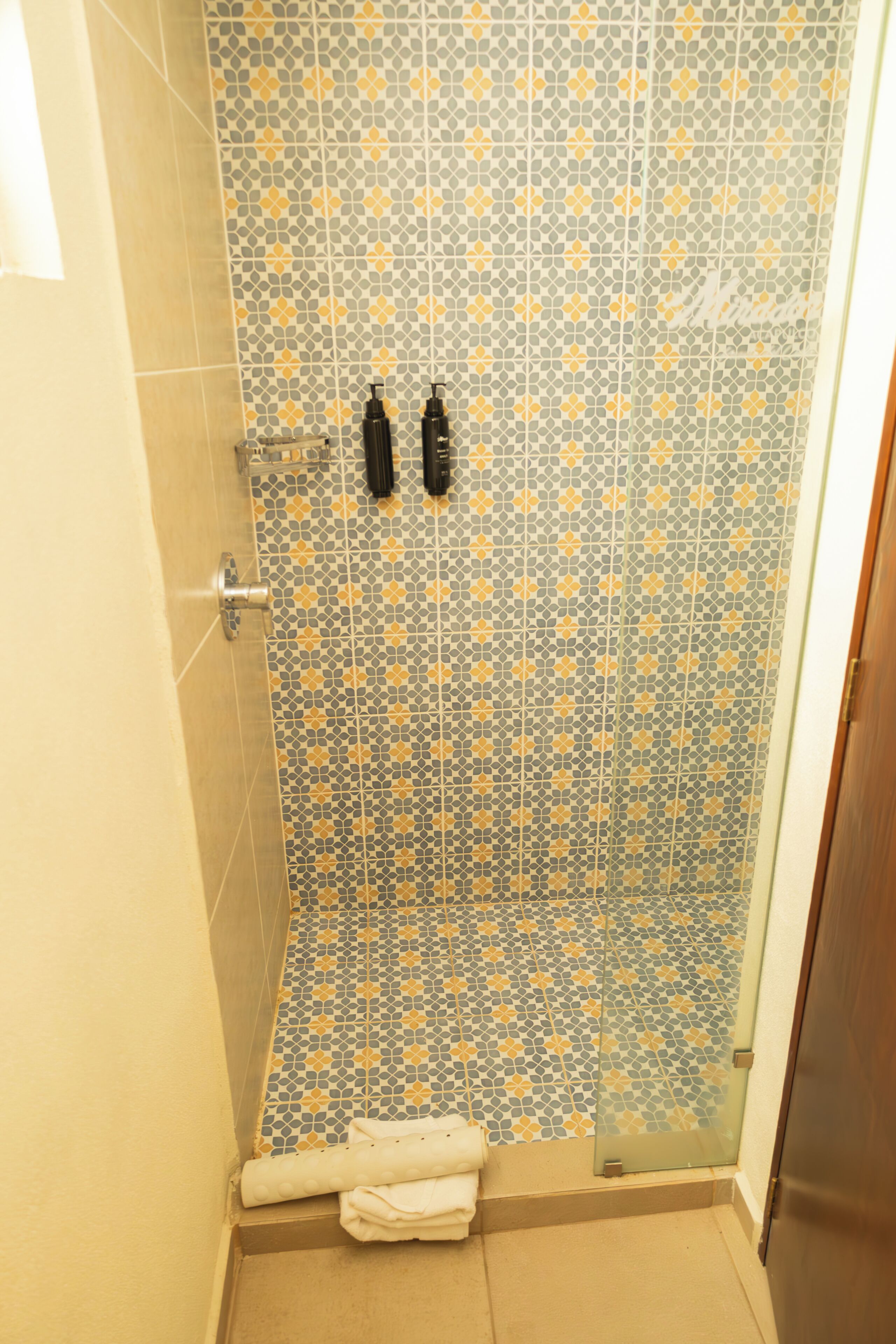 Zona de ducha con pared de azulejos estampados, puerta de cristal y un perchero con botellas.