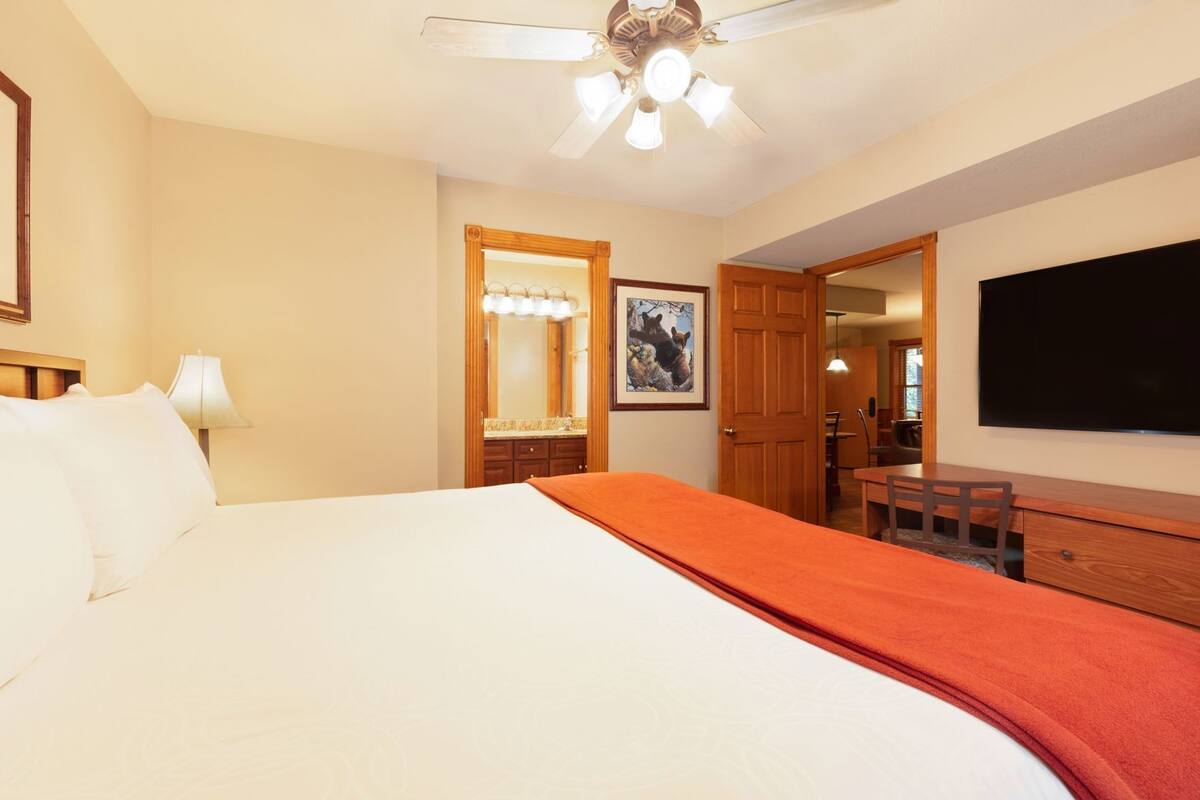 Une chambre d’hôtel équipée d’un lit, d’un bureau, d’une chaise, d’une télévision, d’un miroir et d’un ventilateur de plafond.
