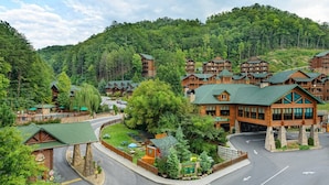 A lodge with multiple wooden buildings, a central restaurant, and a parking area surrounded by trees.