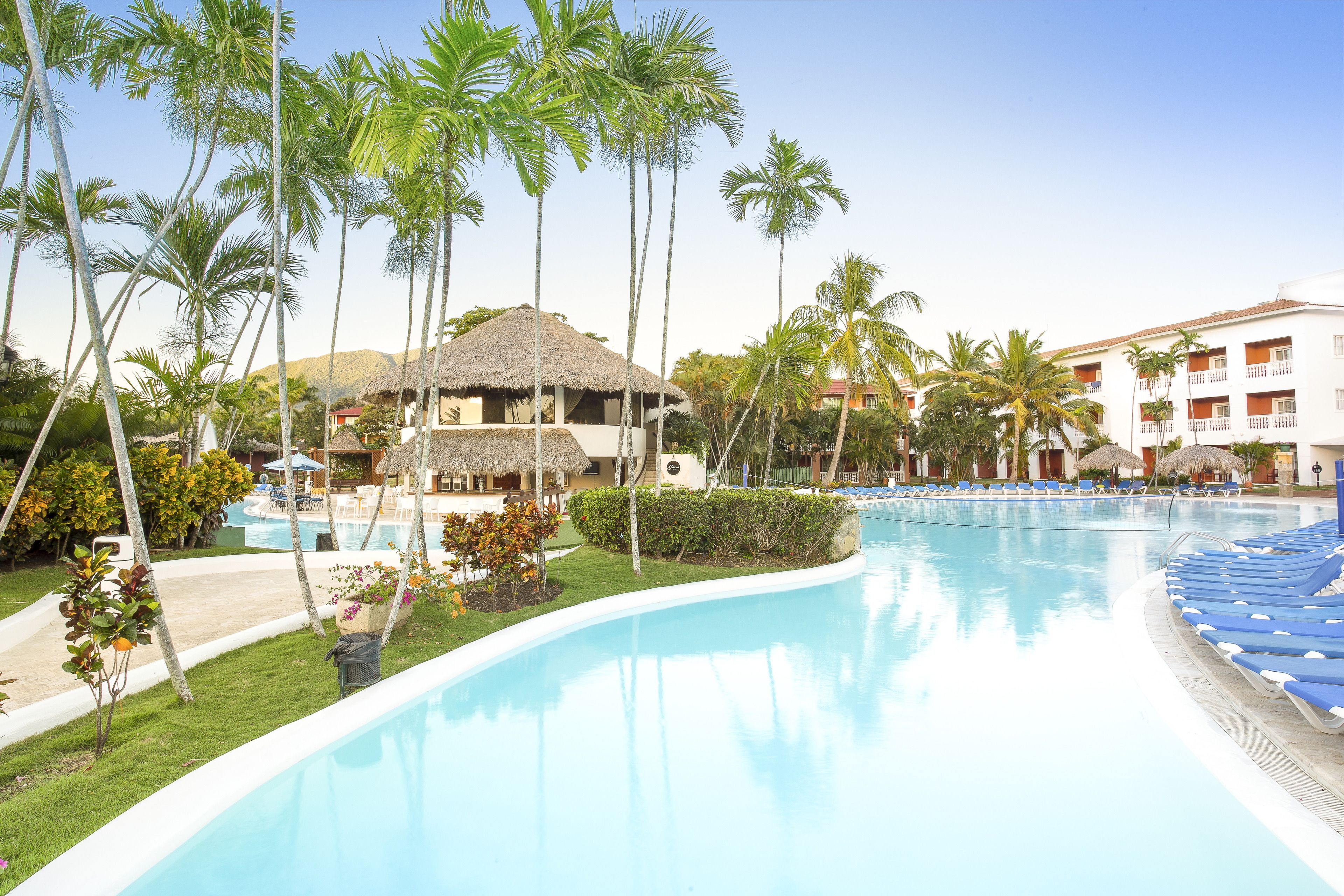 A resort pool area with a thatched-roof building, palm trees, and a clear blue pool.