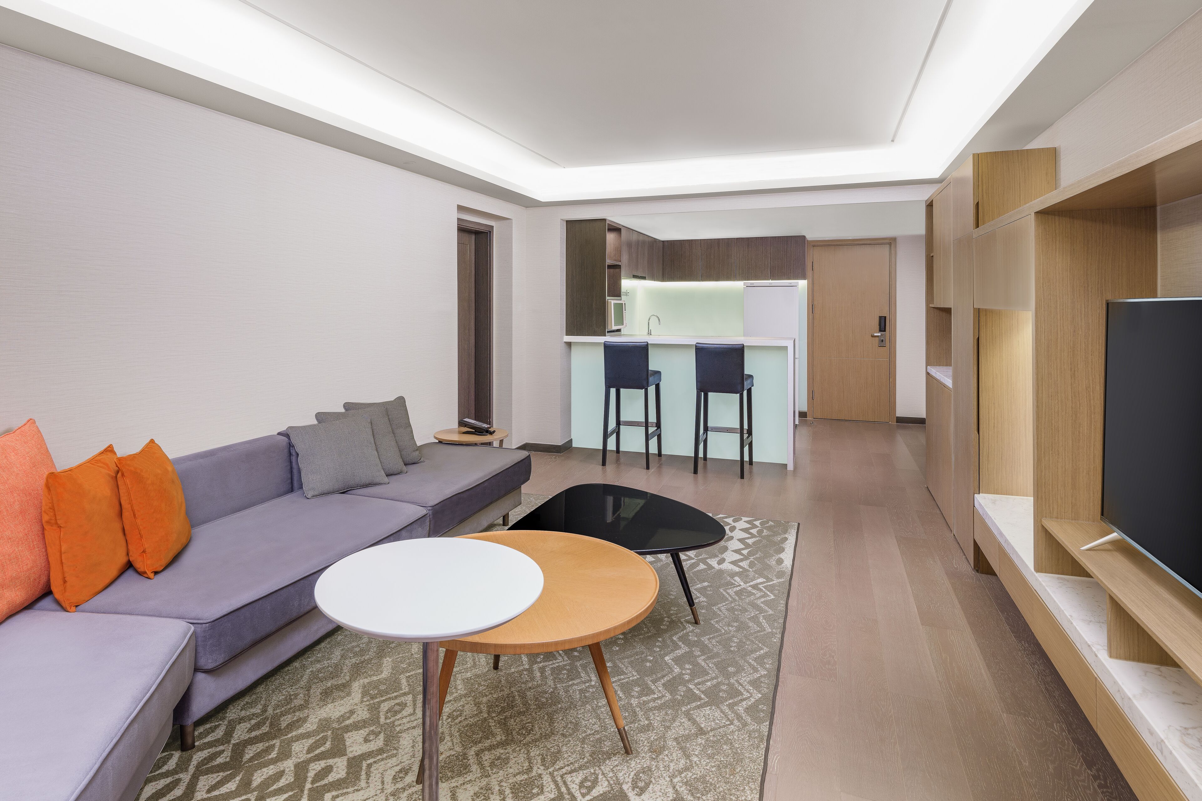A modern living room with a sofa, a coffee table, and a TV stand.