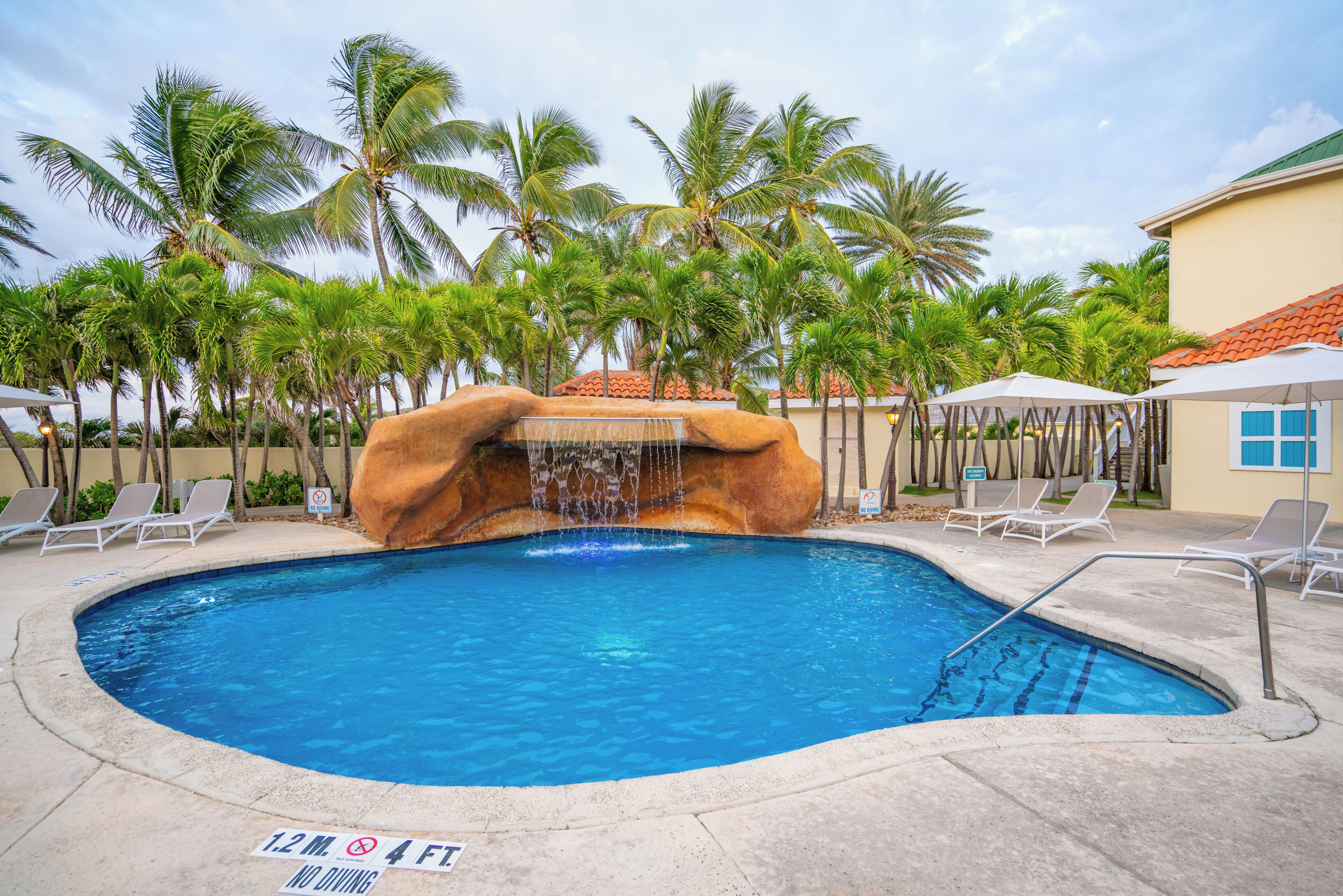 A swimming pool with a waterfall feature, surrounded by palm trees and lounge chairs.
