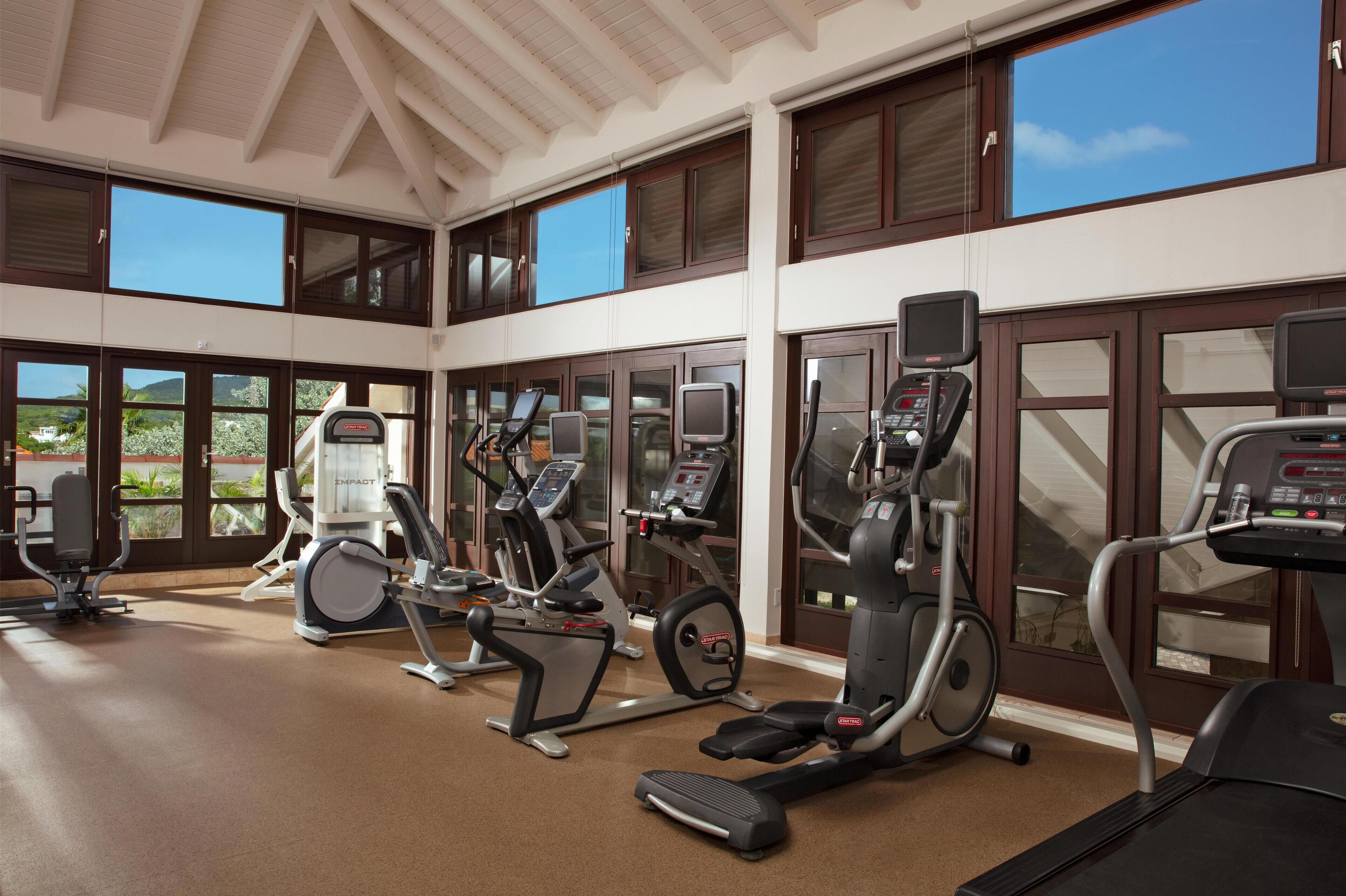 A gym with various cardio machines, large windows, and a high ceiling.