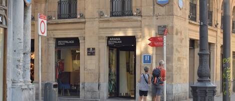 A historic building with 'ARONA PETIT PALACE HOTEL' signage, a 'Calle de Bidebarrieta' street sign, and a 'H' for hospital nearby.