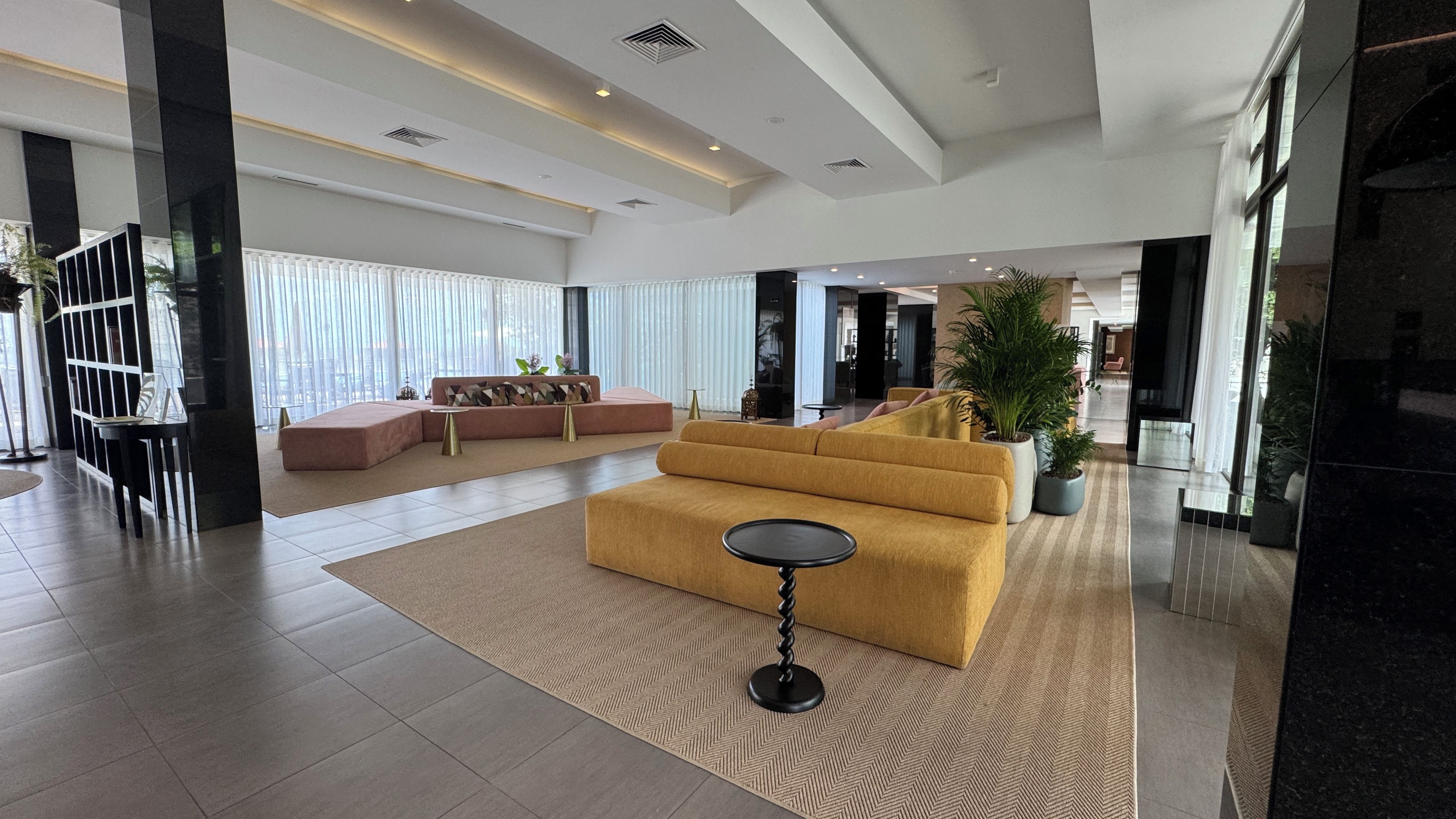 A modern hotel lobby with a sofa, a coffee table, and a large potted plant.