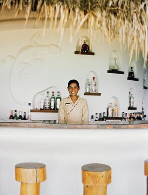 A bar area with a bartender, shelves with bottles, and a decorative wall.
