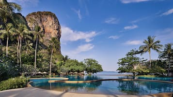 Outdoor pool, pool umbrellas, pool loungers