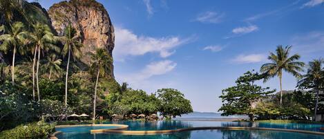 Outdoor pool, pool umbrellas, pool loungers