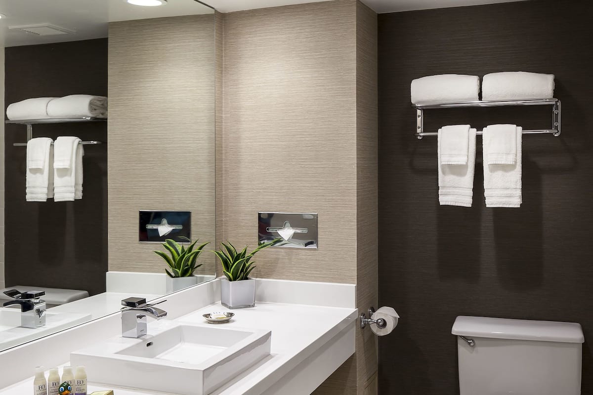 combined shower/bathtub, designer toiletries, hair dryer, bathrobes