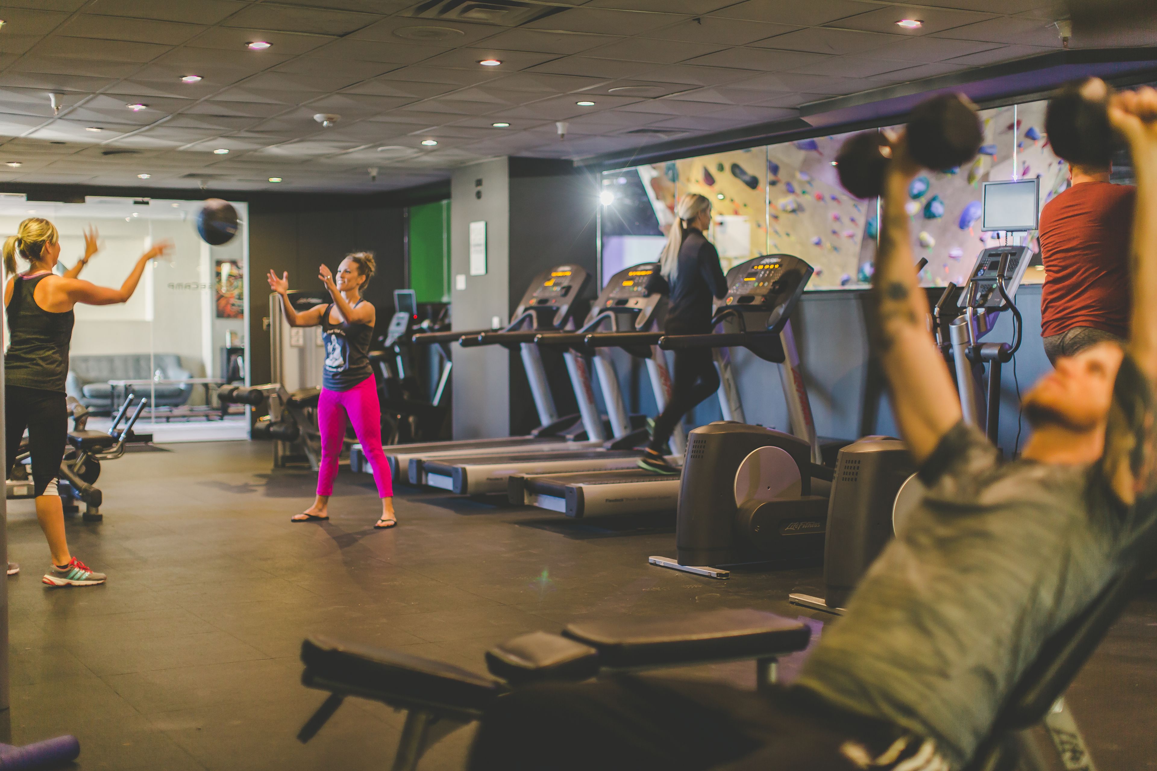 Een fitnessruimte met loopbanden, krachttoestellen en een spiegelwand.