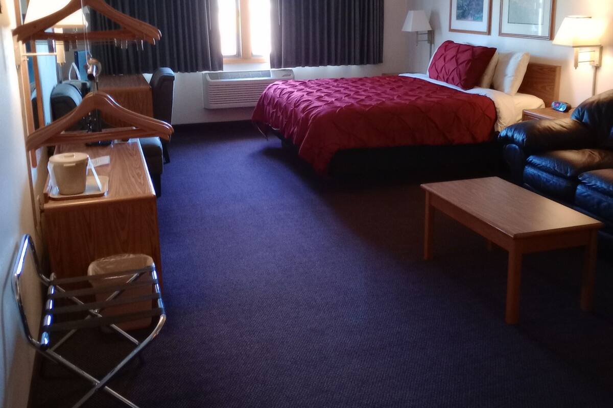 A hotel room with a bed, a sofa, a desk, and a chair. There is a window with curtains and a lamp on the wall.