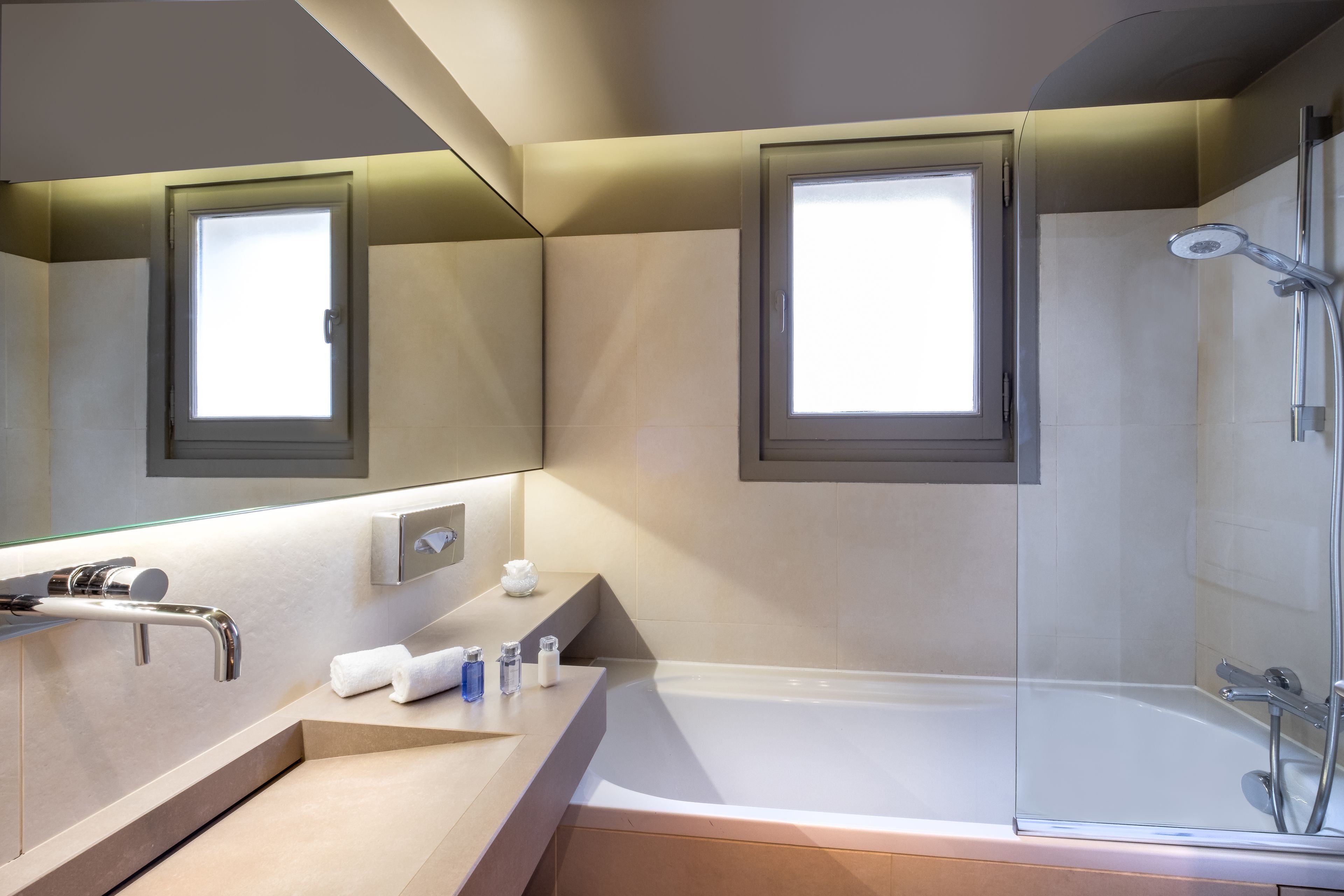 executive double or twin room | bathroom | shower, designer toiletries, hair dryer, slippers