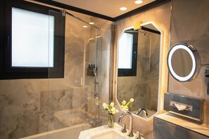 Executive Room With Eiffel Tower View Terrace | Bathroom | Shower, designer toiletries, hair dryer, slippers