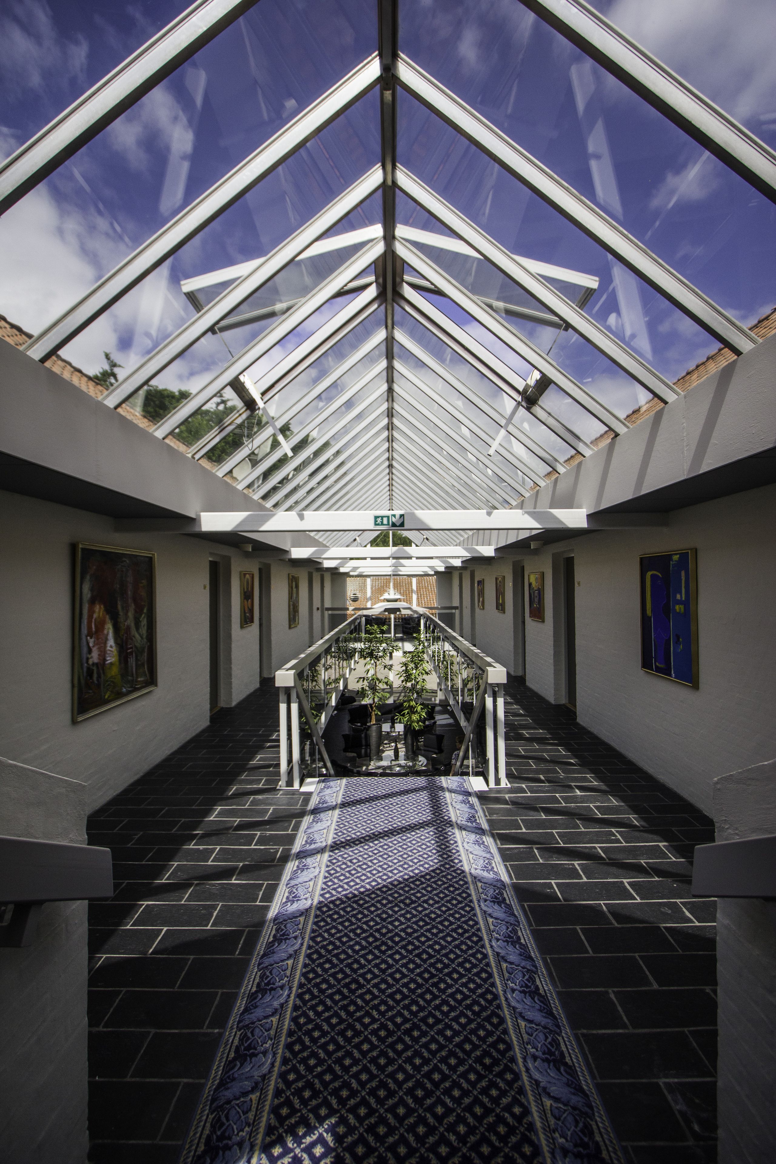 A spacious atrium with a glass ceiling, a patterned carpet, and artwork on the walls.