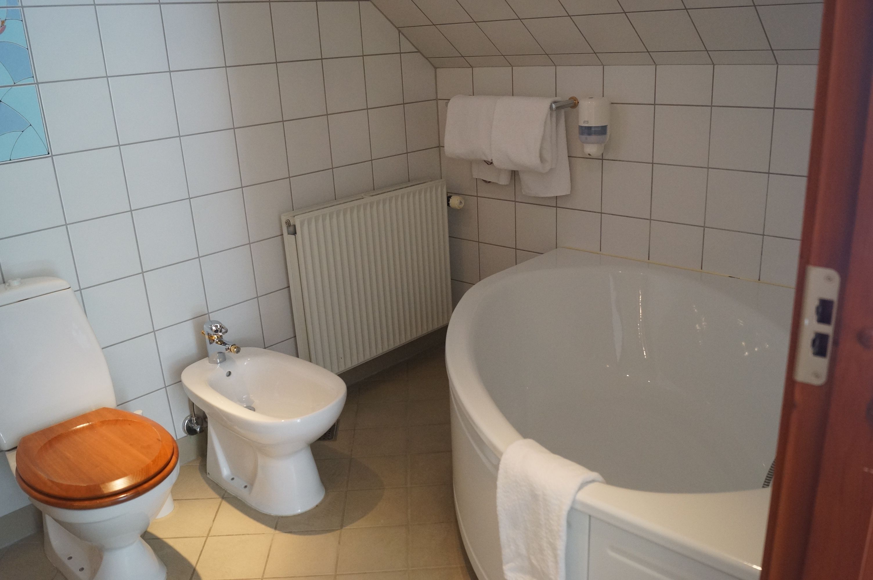 Une salle de bain équipée de toilettes, d’un bidet et d’une baignoire.