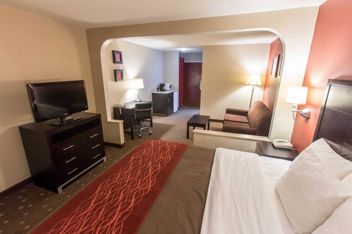 A hotel room with a bed, a desk, a television, a mirror, and a red carpet.