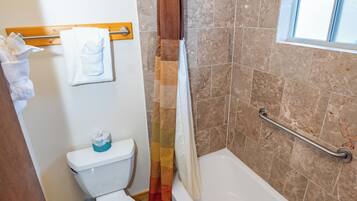 A bathroom with a toilet, shower, and bathtub.