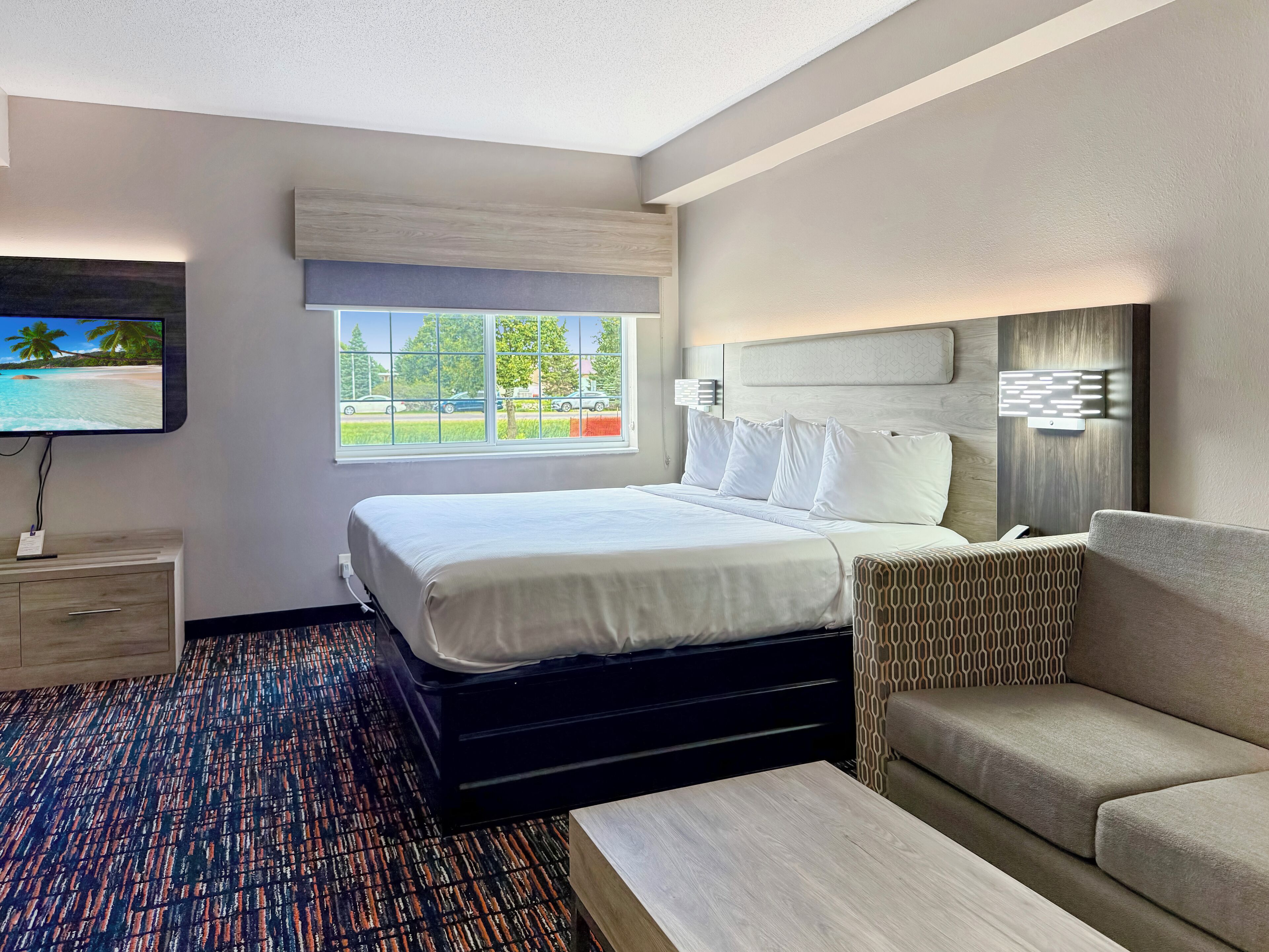 Premium bedding, desk, blackout drapes, iron/ironing board