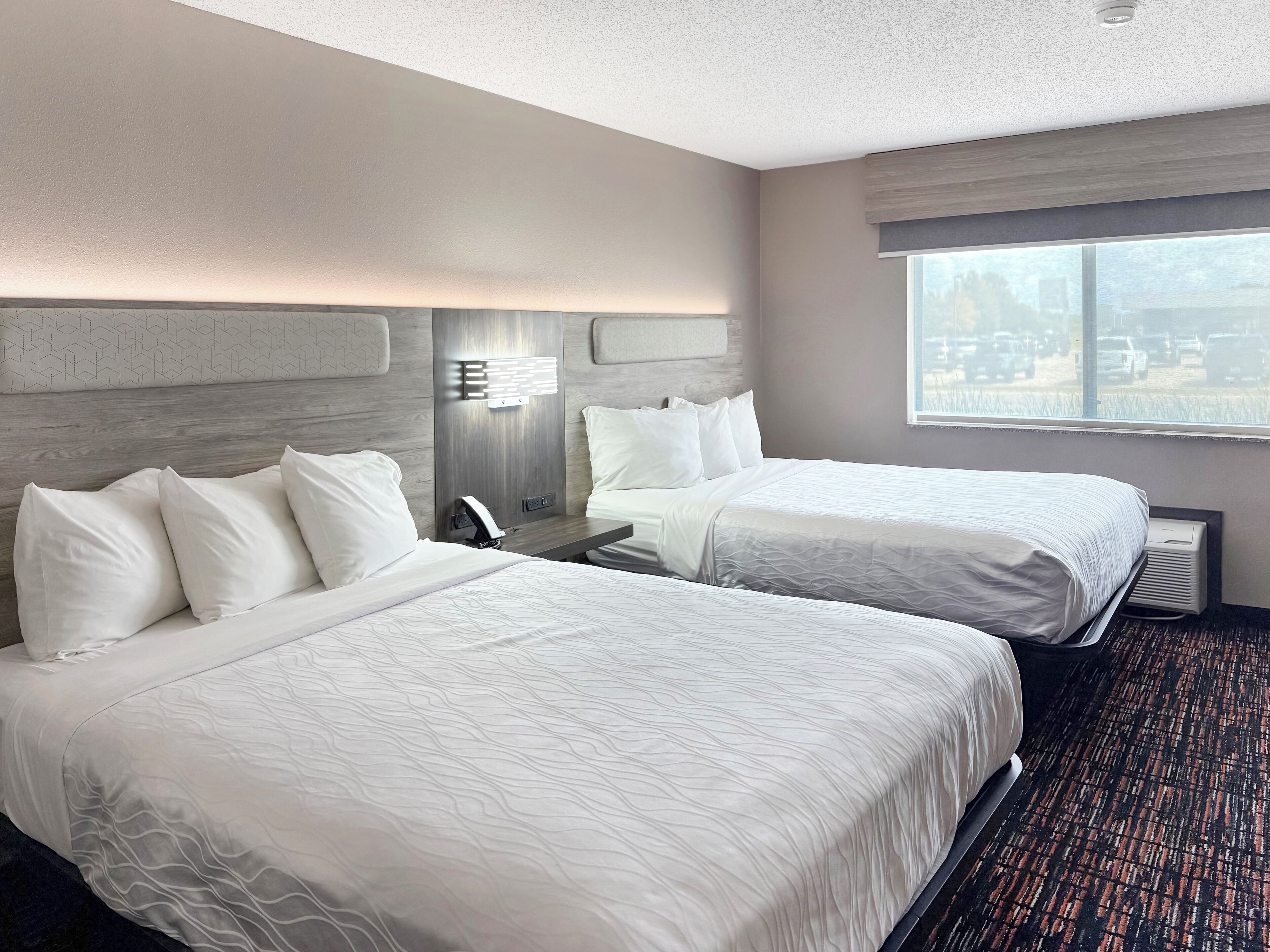 Premium bedding, desk, blackout drapes, iron/ironing board