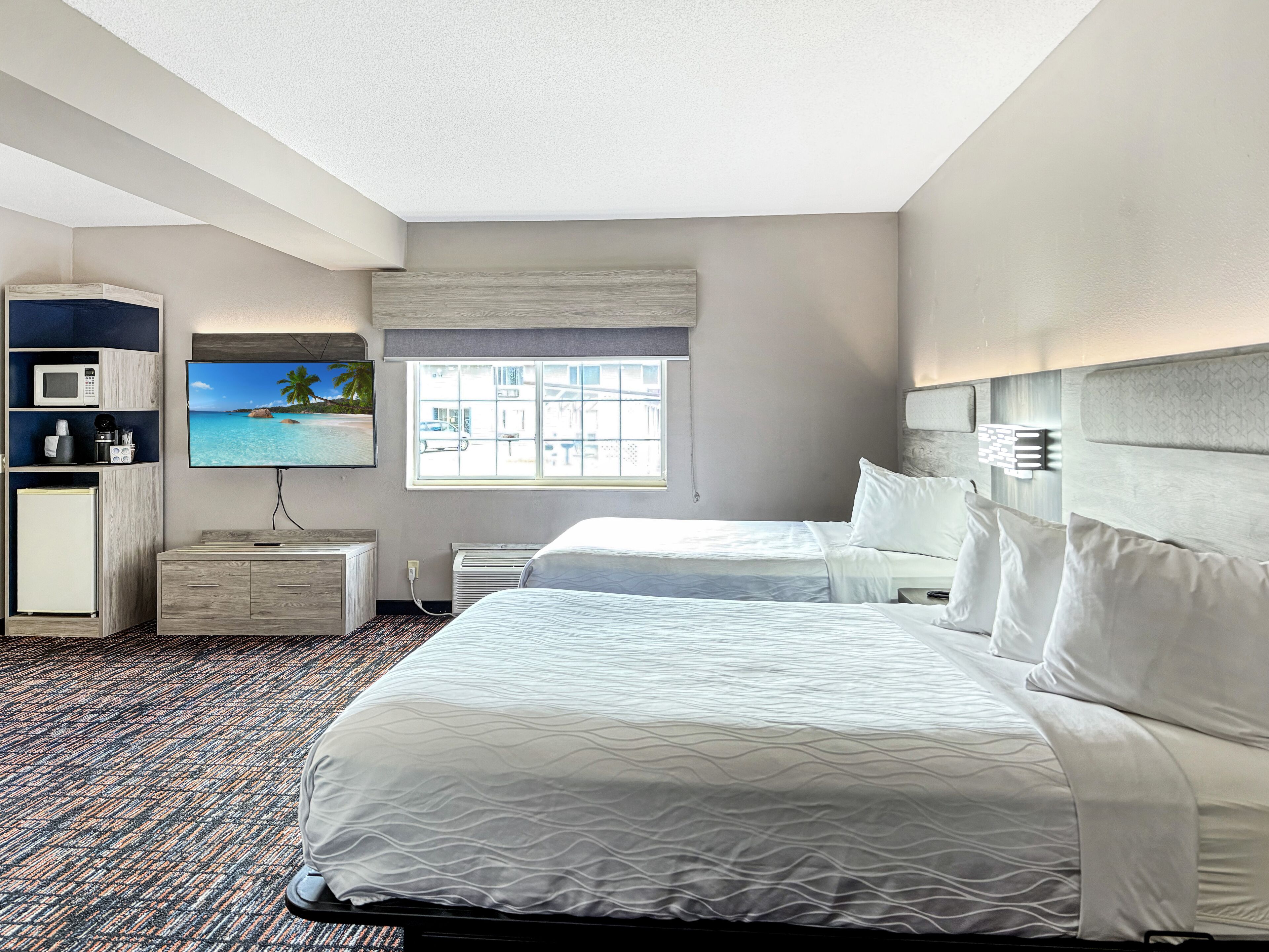 Premium bedding, desk, blackout drapes, iron/ironing board