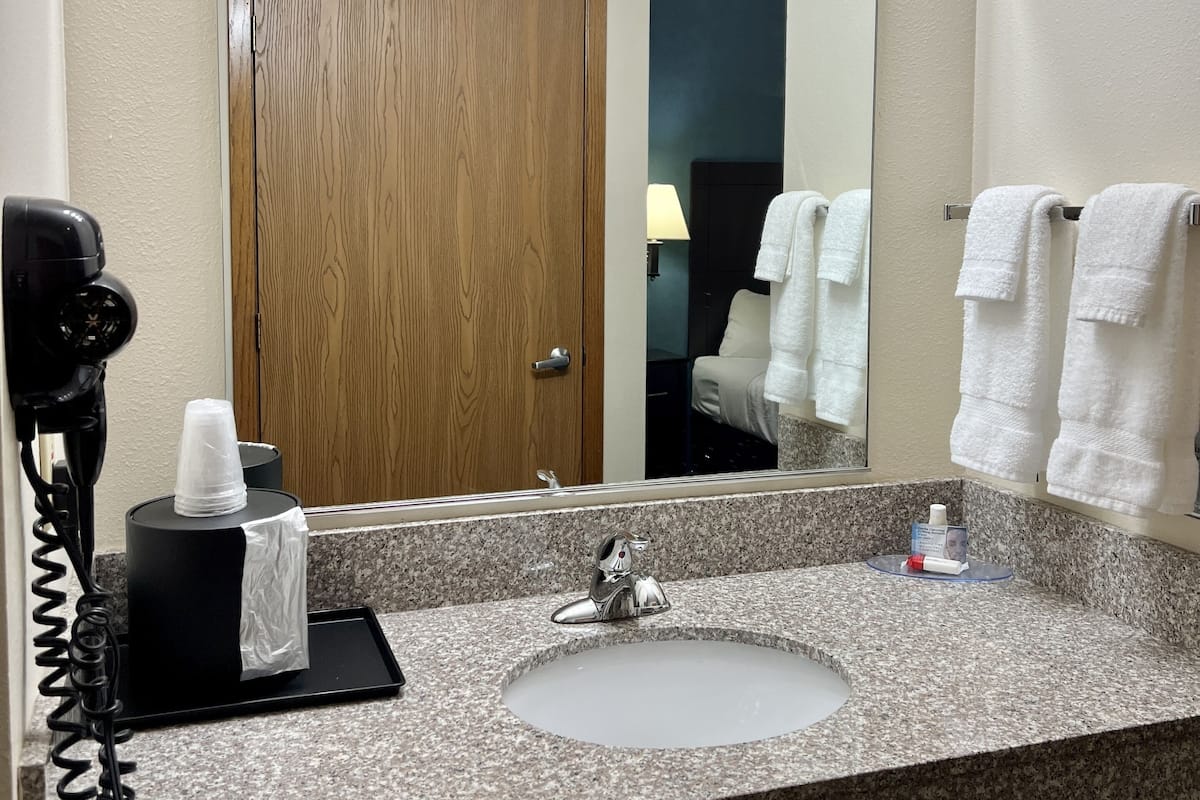 Combined shower/tub, free toiletries, hair dryer, towels