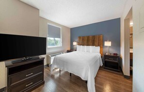 Premium bedding, desk, blackout drapes, iron/ironing board