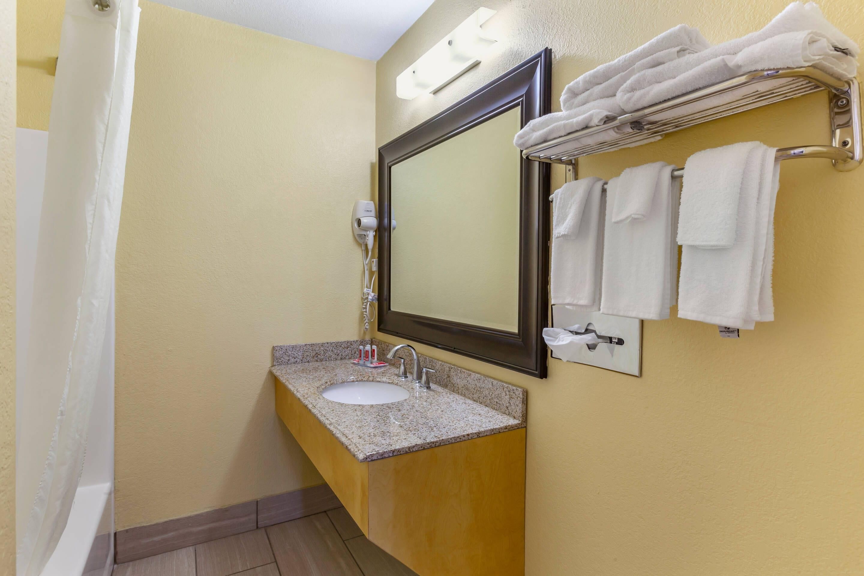 A bathroom with a sink, mirror, towel rack, and a hairdryer.