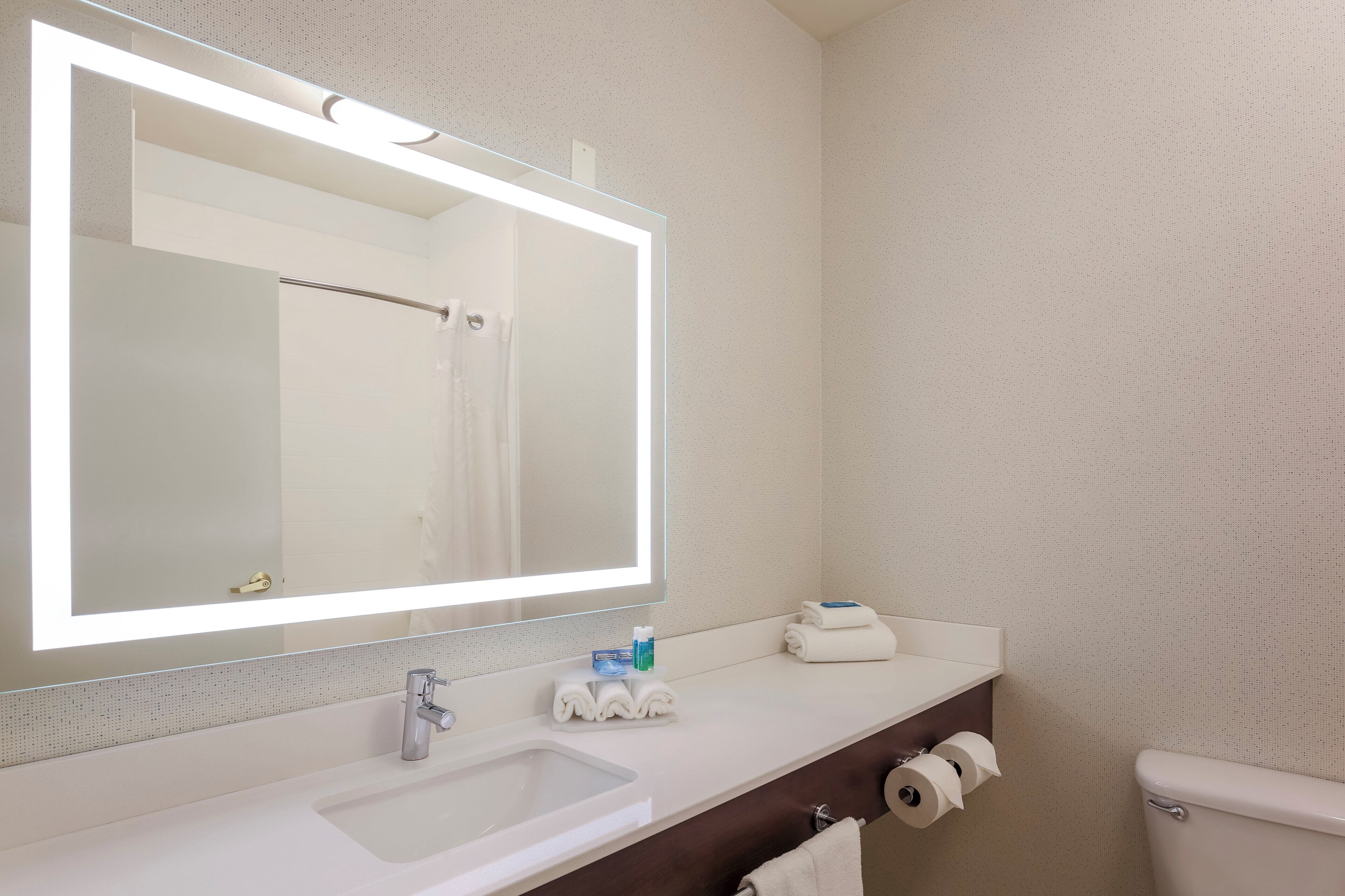 A bathroom with a large mirror, a sink, a toilet, and a towel rack.