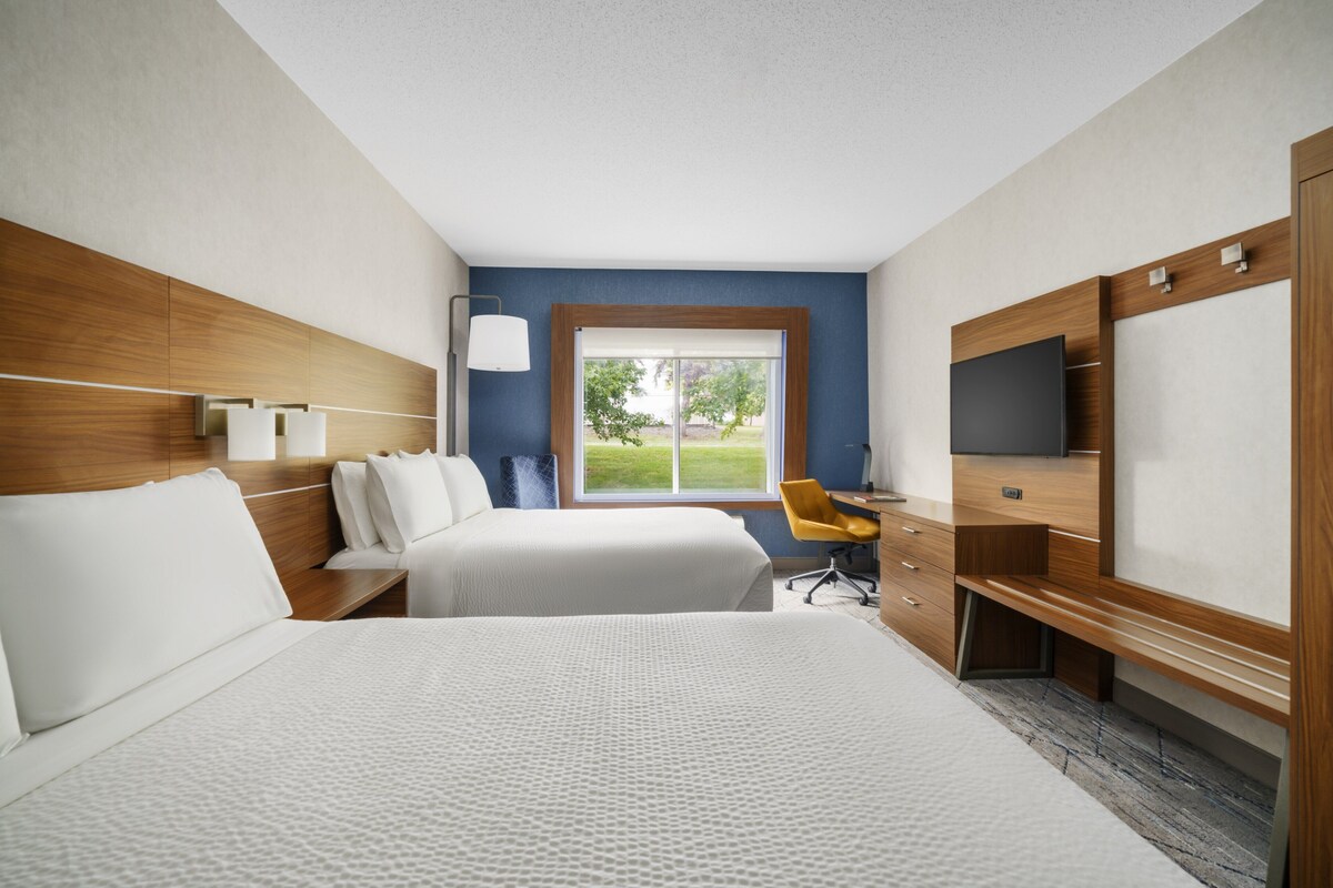 Habitación de hotel con dos camas, un escritorio, una silla, un televisor y una ventana con vistas a zonas verdes.