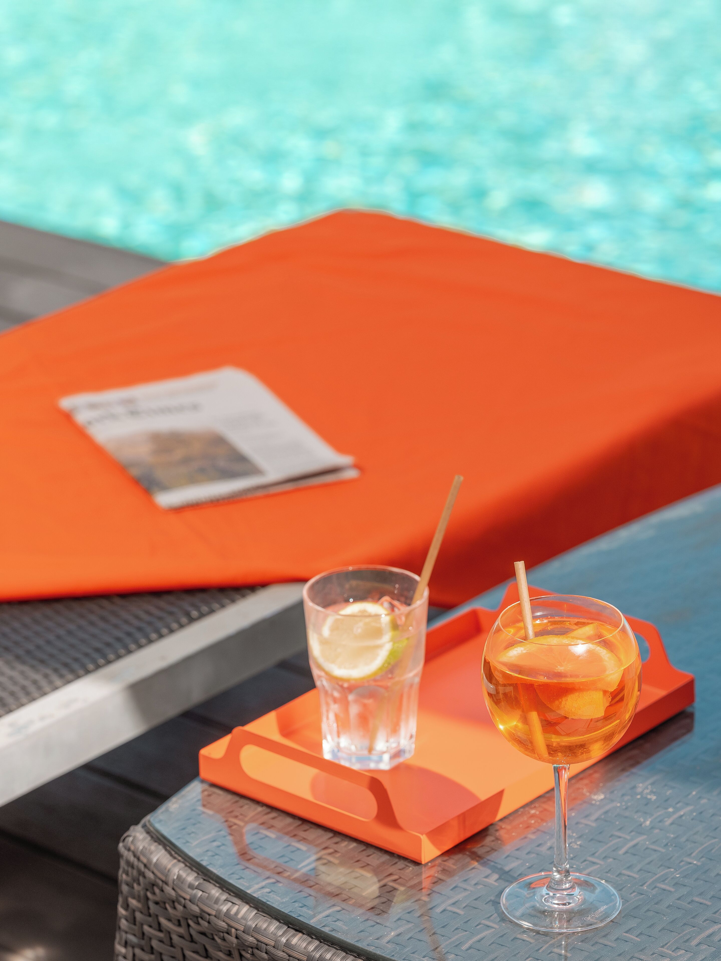 Outdoor pool, pool umbrellas, pool loungers