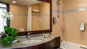 Deep soaking tub, rainfall showerhead, free toiletries, hair dryer
