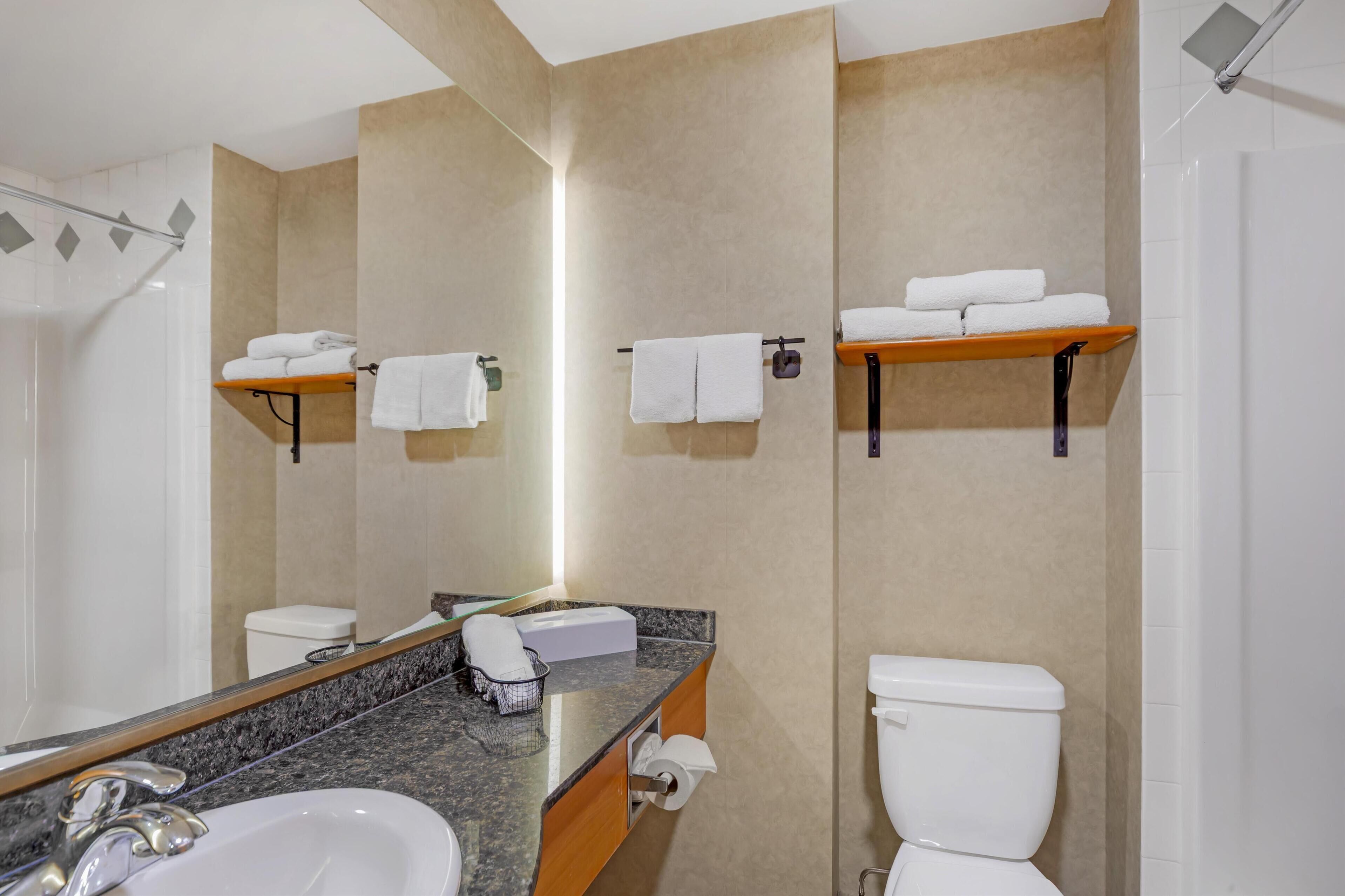 Un baño moderno con encimera de granito, un lavabo blanco, un inodoro y una ducha. Hay dos toalleros con toallas dobladas.