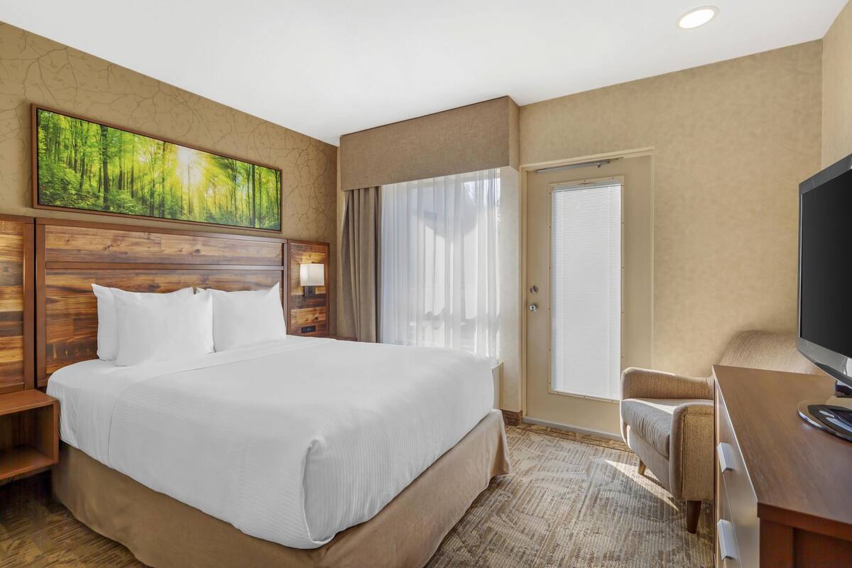 A hotel room with a large bed, a television, a desk, and a window with curtains.