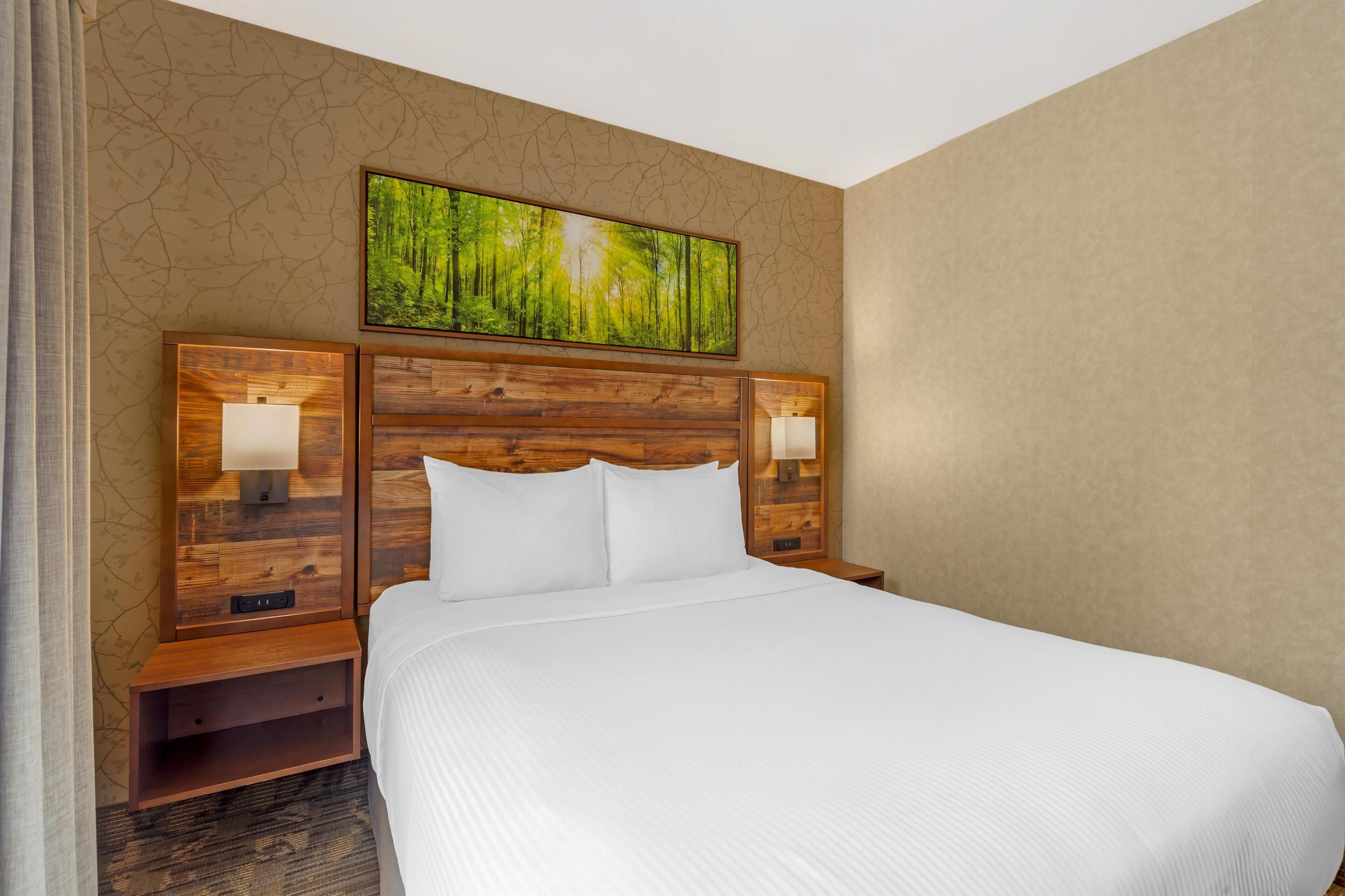 A hotel room with a large bed, wooden headboard, two bedside tables with lamps, and a large forest-themed painting above the bed.