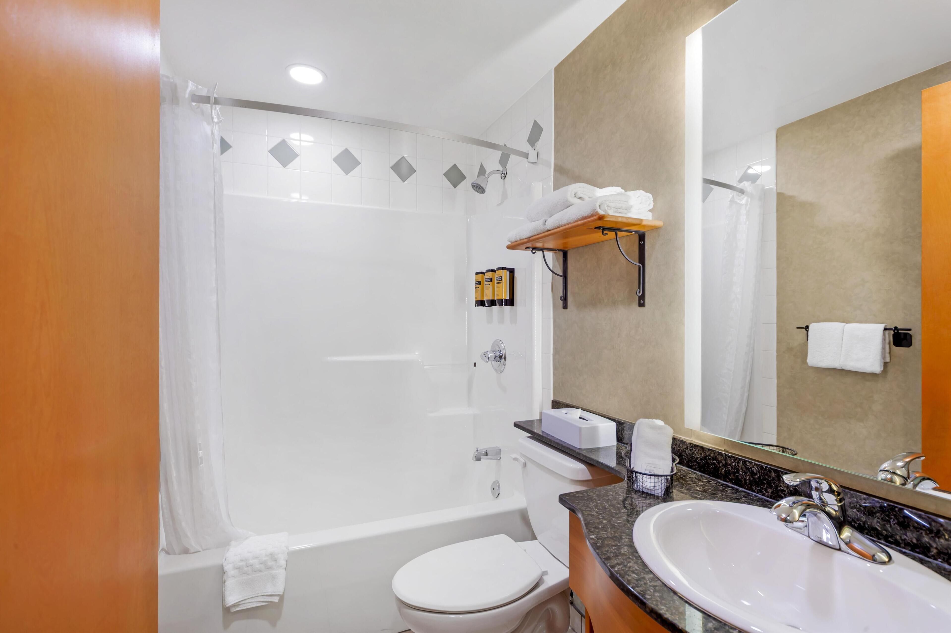A modern bathroom with a shower, toilet, and sink.