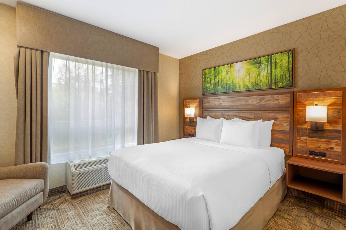 A hotel room with a large bed, a chair, a window with curtains, a wall-mounted painting, and two bedside lamps.