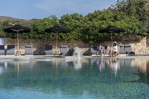 Seasonal outdoor pool, pool umbrellas, pool loungers