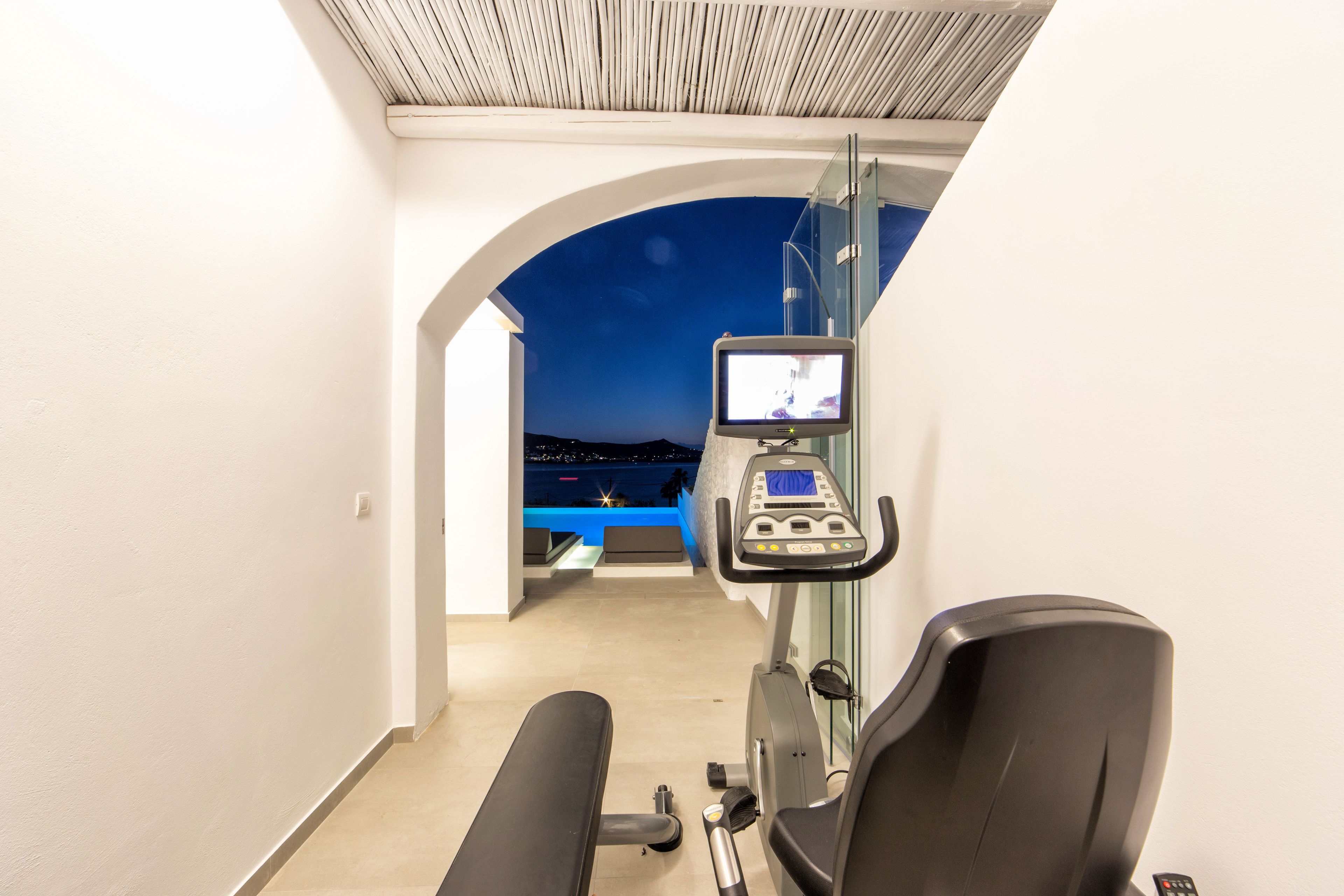 A home gym with exercise equipment, a treadmill, and a TV screen.