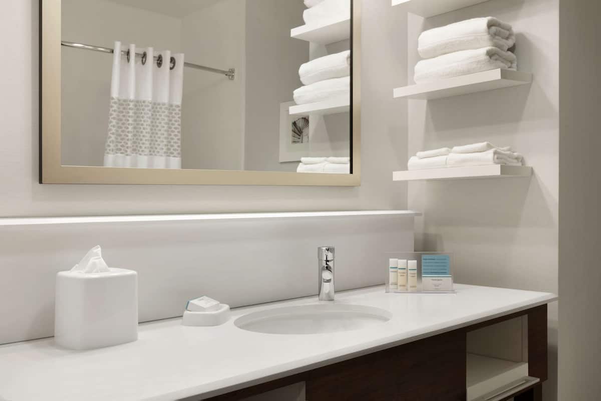 combined shower/bathtub, designer toiletries, hair dryer, towels