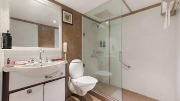 A bathroom with a glass-enclosed shower, a white sink, and a toilet.