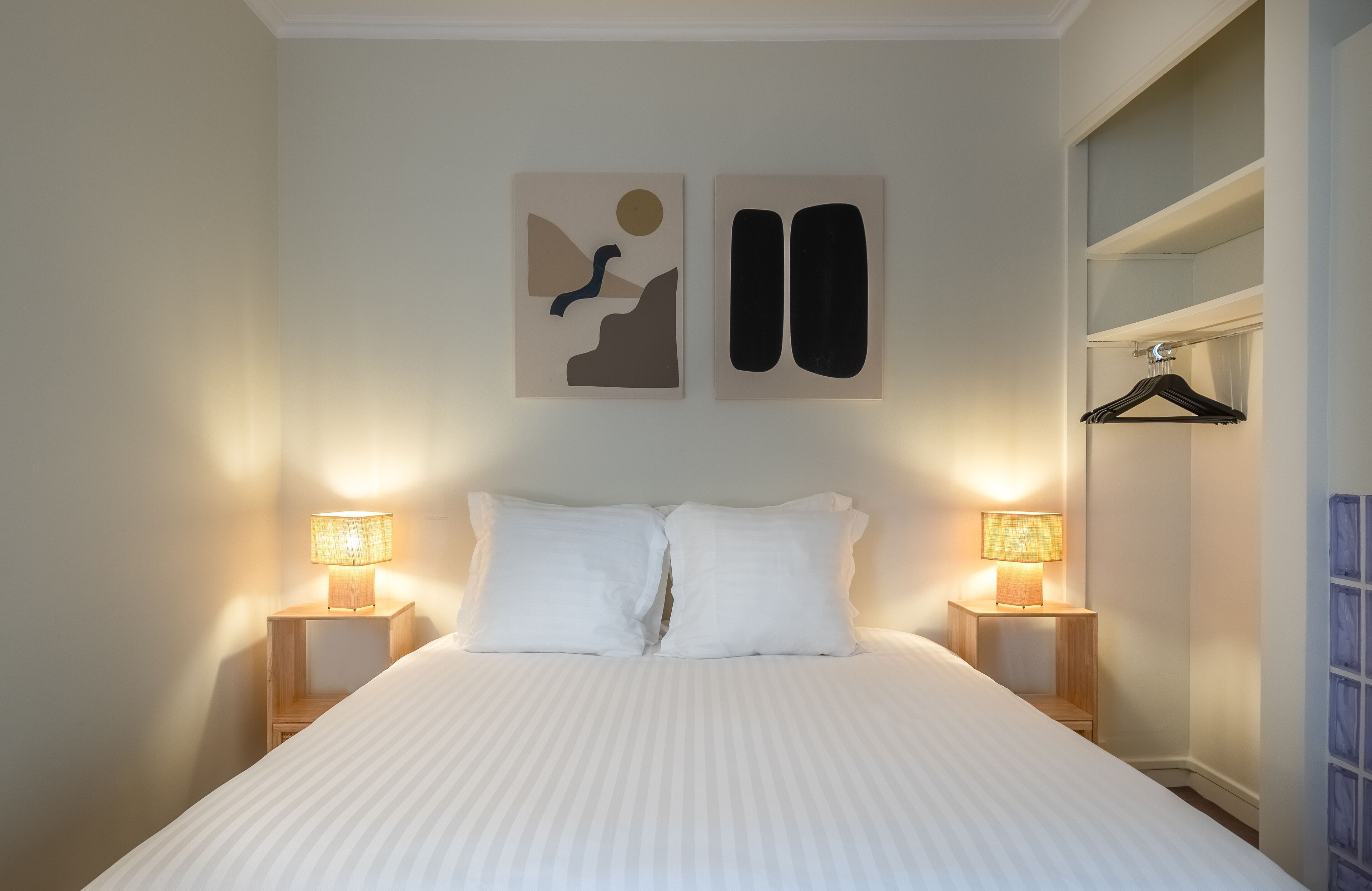 Premium bedding, desk, laptop workspace, soundproofing